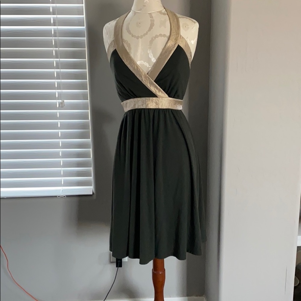 BCBG Green Gold Halter A-line Cutout Midi Dress